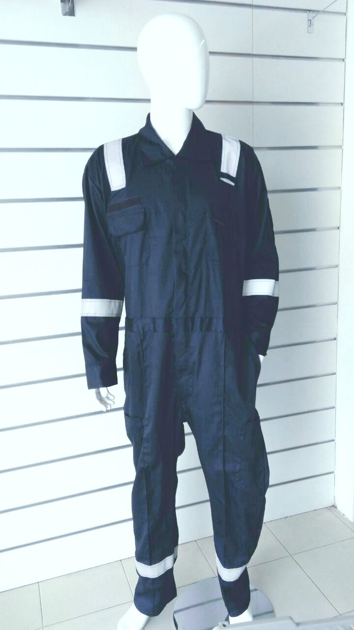 Navy one-piece coverall with reflective bands on the arms and legs on a mannequin