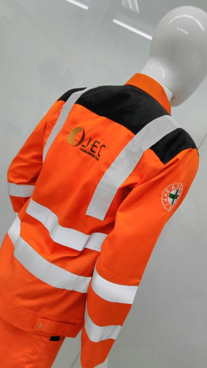 Orange hi-vis coverall with silver reflective bands and an embroidered chest logo on a mannequin