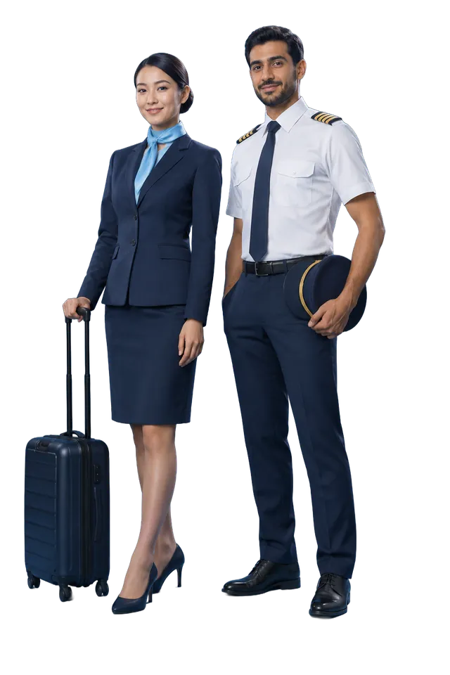 Studio photo: a navy cabin crew suit with a sky-blue scarf and a white pilot shirt with epaulettes