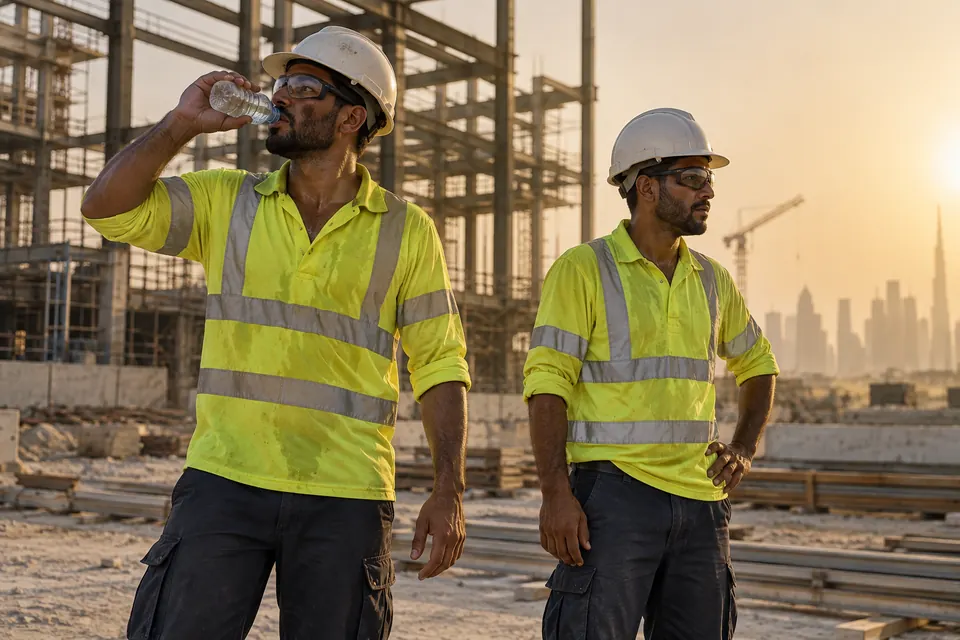Two workers in hi-vis shirts and hard hats on a UAE building site at sunset