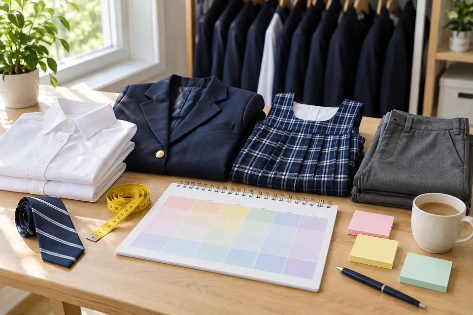 School uniforms laid out on a table beside a monthly planner and a tape measure