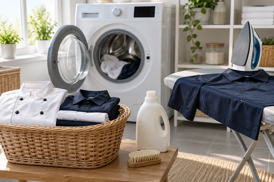 A laundry room with a washing machine, a basket of uniform shirts and a steam iron