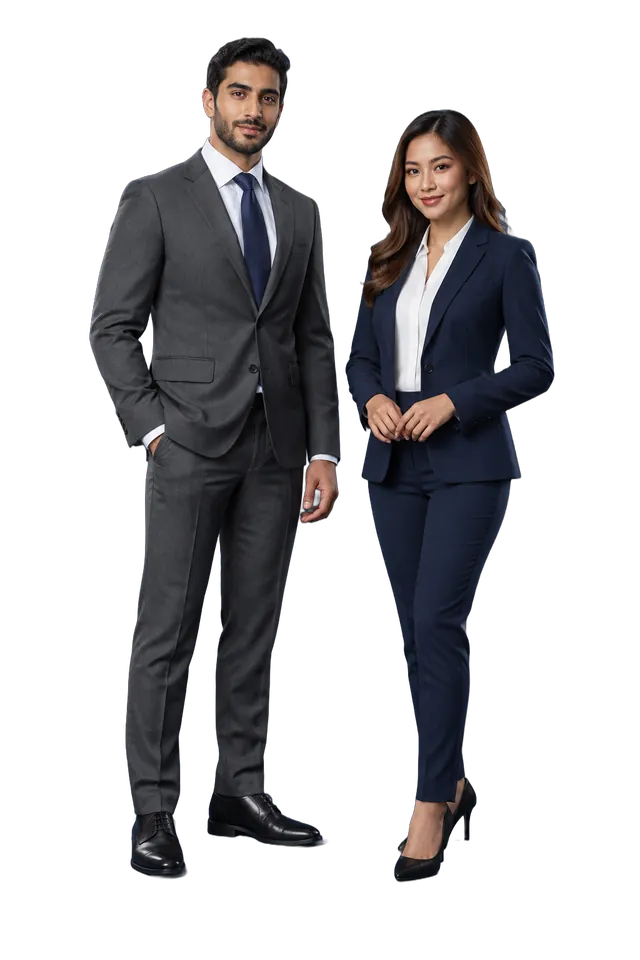 Studio photo: a charcoal suit and a navy blazer with white shirts