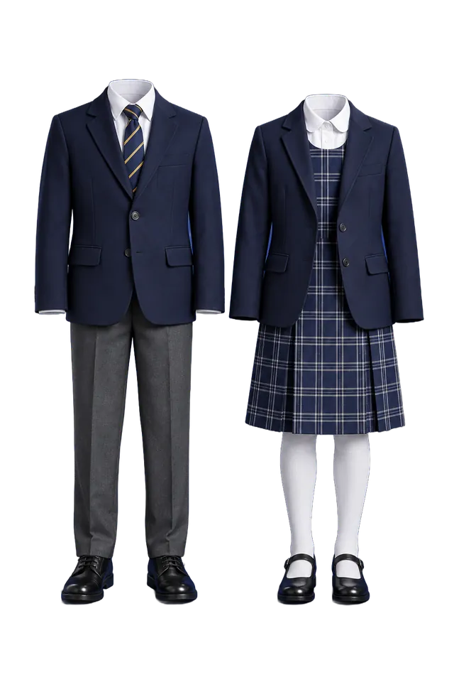 Studio photo: two school uniform sets with navy blazers, a striped tie and a checked pinafore