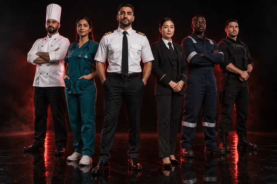 Studio group photo: a chef, a nurse, a pilot, a hotel concierge, an industrial worker and a security officer in their uniforms