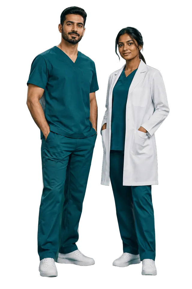 Studio photo: teal medical scrubs and a white lab coat