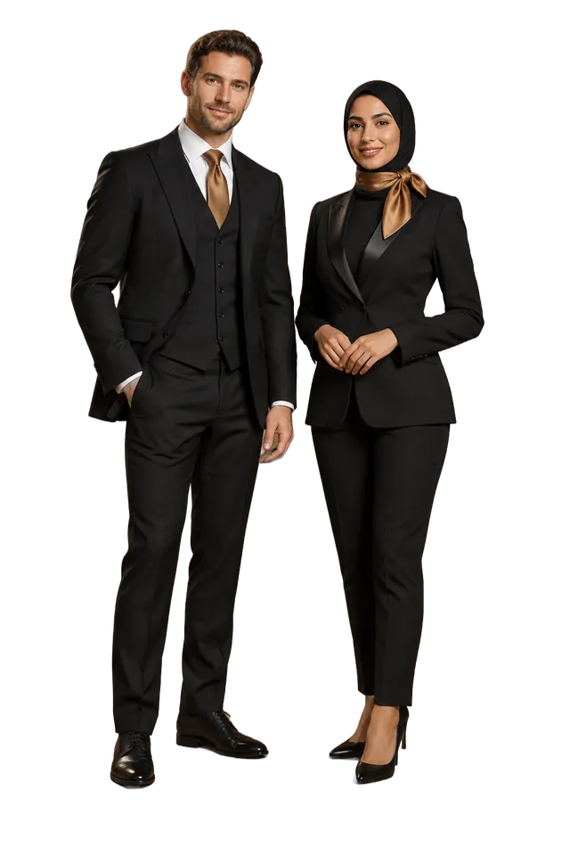 Studio photo: a black three-piece suit with a bronze tie and a black jacket with a bronze scarf