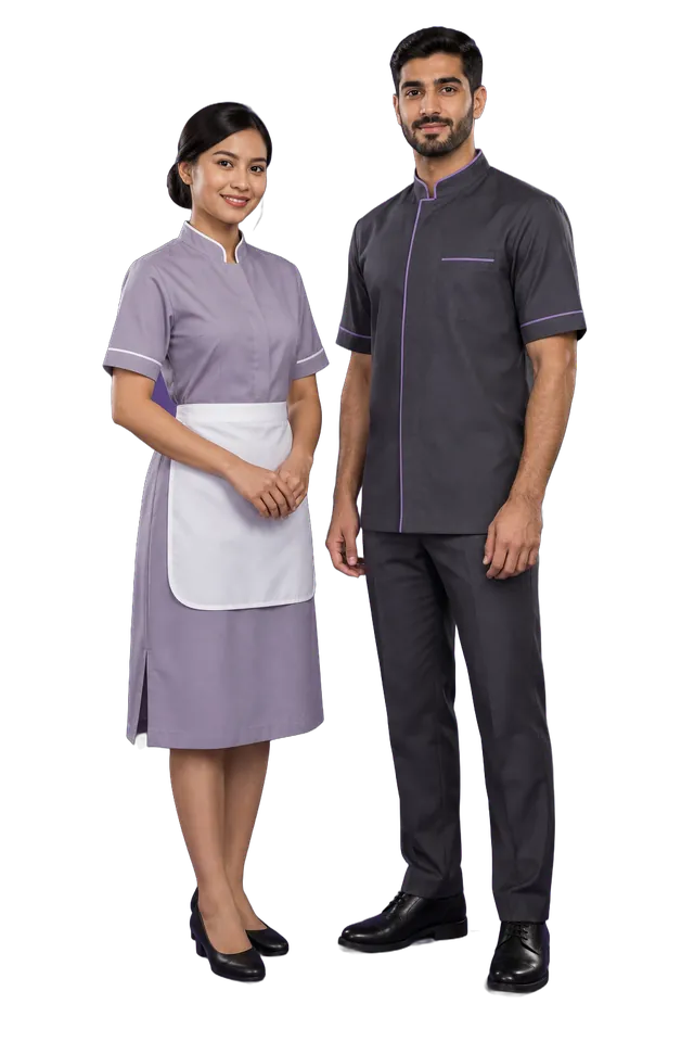 Studio photo: a lilac housekeeping dress with a white apron and a charcoal tunic