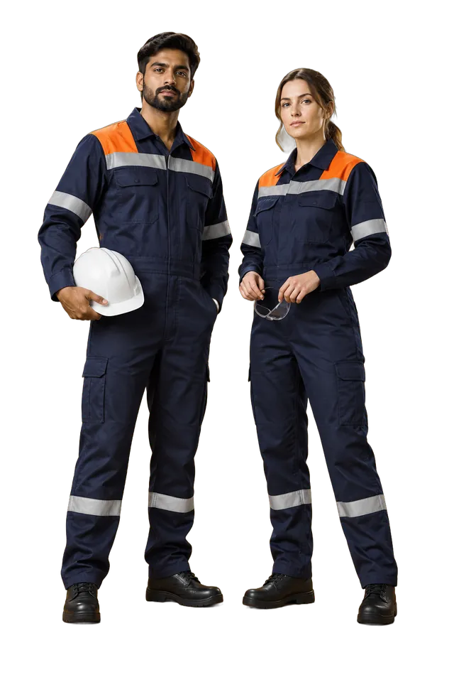 Studio photo: navy coveralls with reflective tape and orange shoulder panels