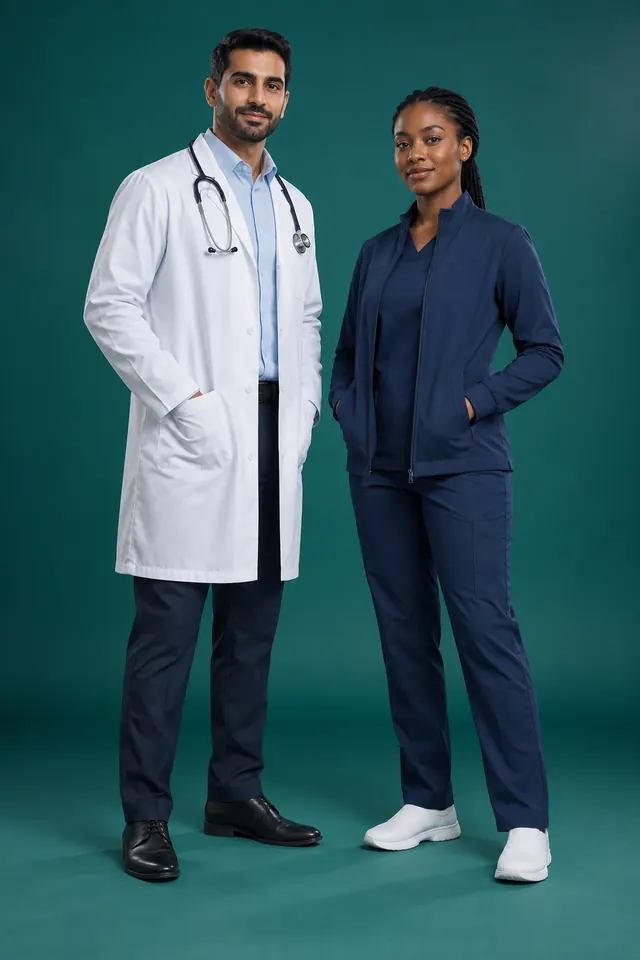 Studio photo: a doctor in a white lab coat with a stethoscope, and a nurse in navy scrubs with a zip jacket