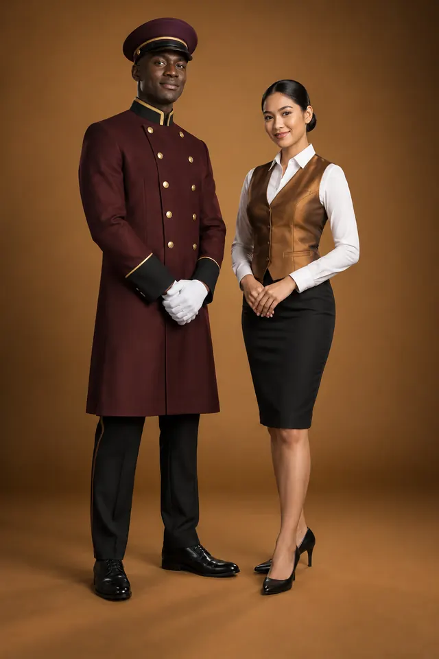 Studio photo: a doorman in a burgundy coat with gold buttons and white gloves, and a hostess in a bronze waistcoat and black pencil skirt