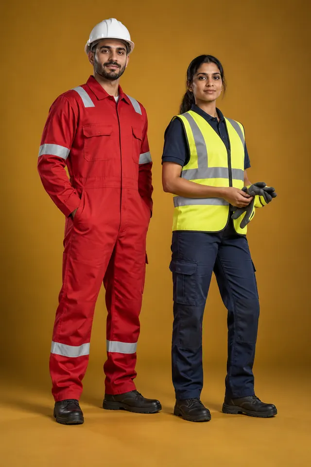Studio photo: a worker in a red coverall with reflective bands and a white hard hat, and a worker in a hi-vis yellow vest and navy trousers