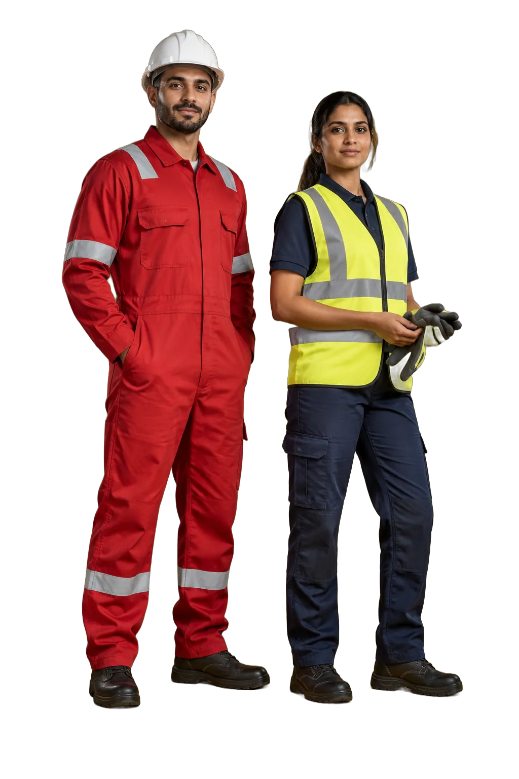 Studio photo: a worker in a red coverall with reflective bands and a white hard hat, and a worker in a hi-vis yellow vest and navy trousers