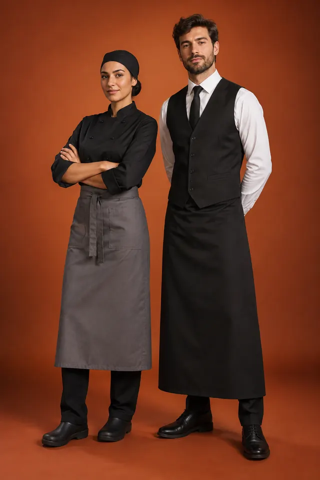 Studio photo: a chef in a black jacket with a grey waist apron, and a waiter in a black waistcoat with a long black apron