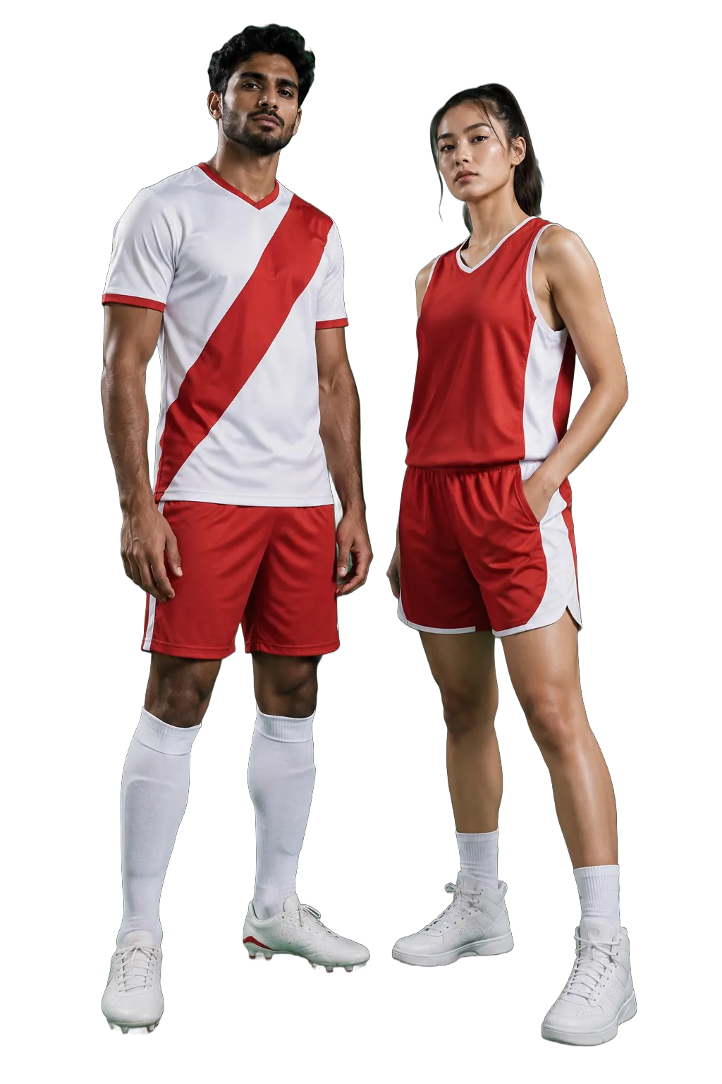 Studio photo: a red and white football kit and a red basketball kit, on green