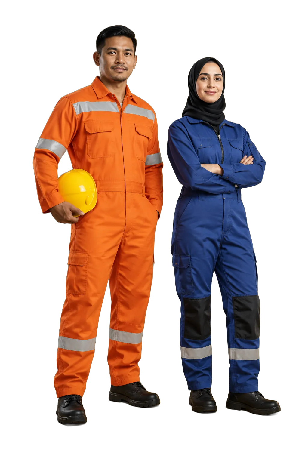 Studio photo: an orange coverall with reflective bands and a royal-blue coverall with knee panels
