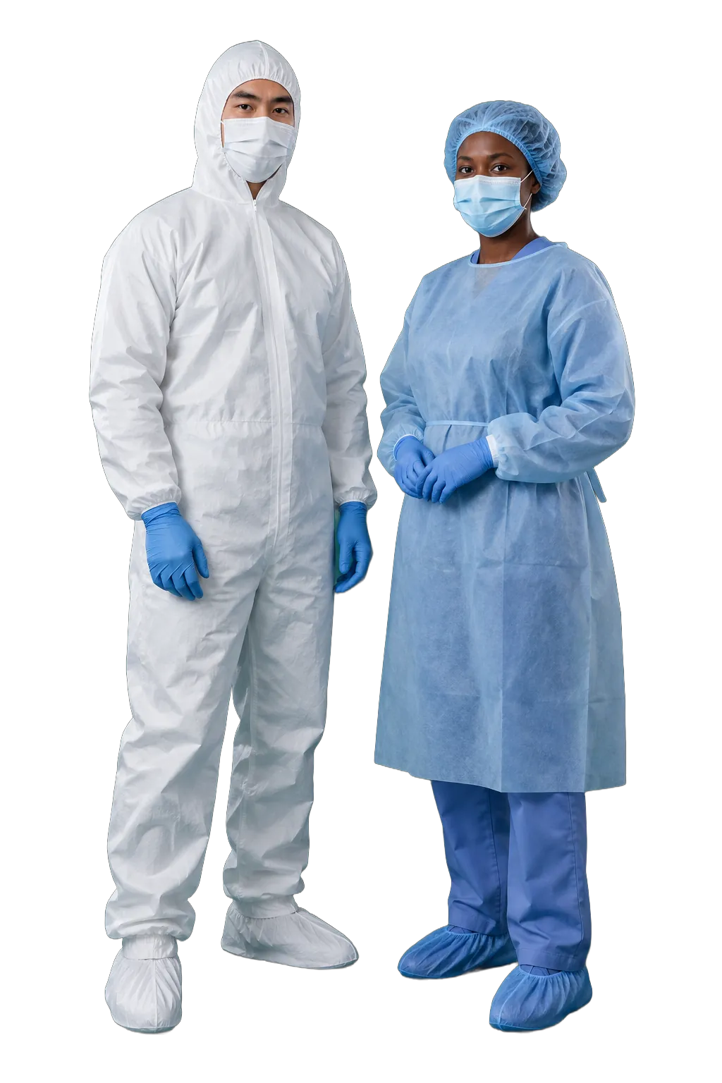 Studio photo: a white disposable hooded coverall and a blue isolation gown with a bouffant cap