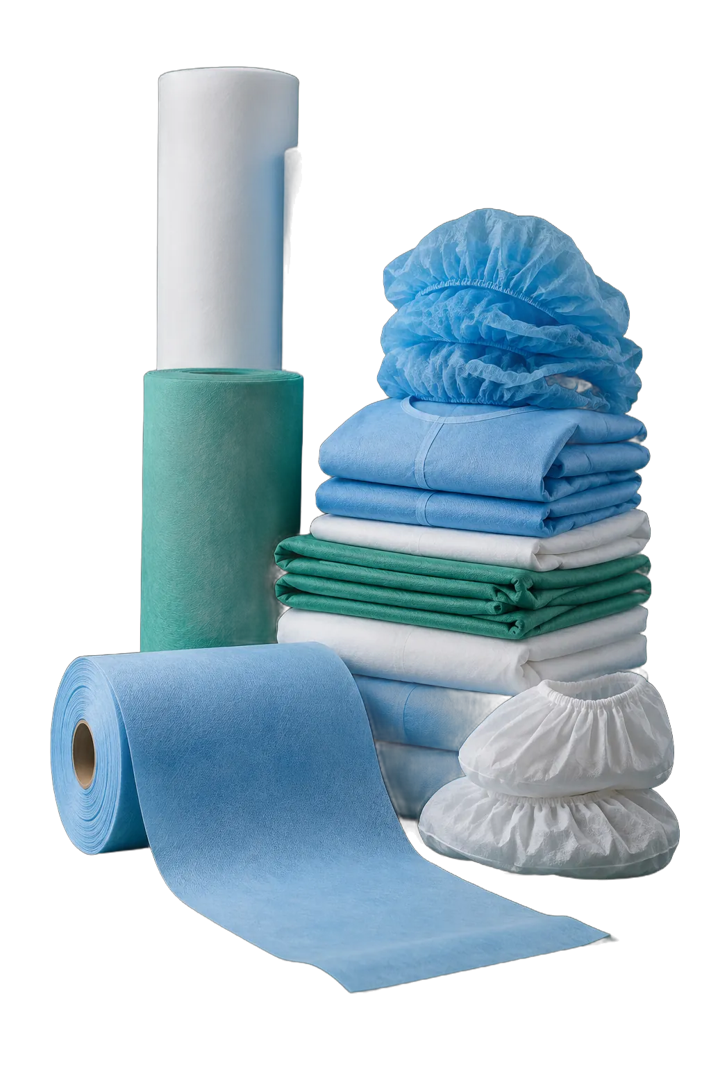 Studio photo: rolls and folded stacks of blue, white and green non-woven fabric