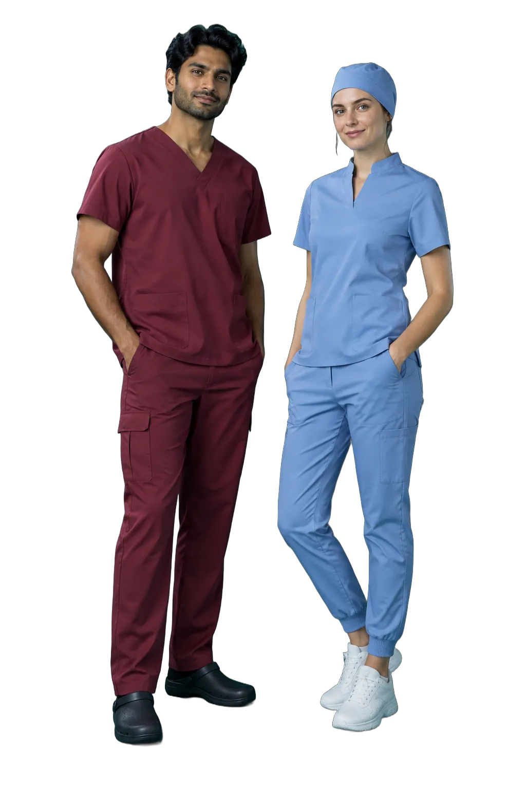 Studio photo: wine-red cargo scrubs and ceil-blue scrubs with a matching cap, on teal