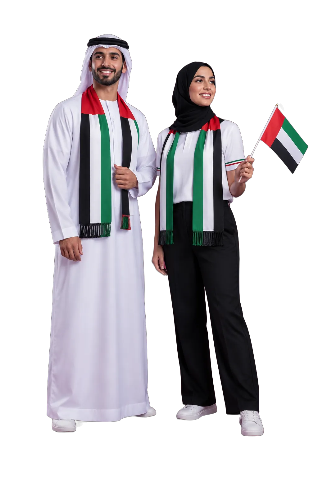 صورة استوديو: رجل بكندورة بيضاء وامرأة ببولو أبيض، وكلاهما بوشاح بألوان العلم الإماراتي