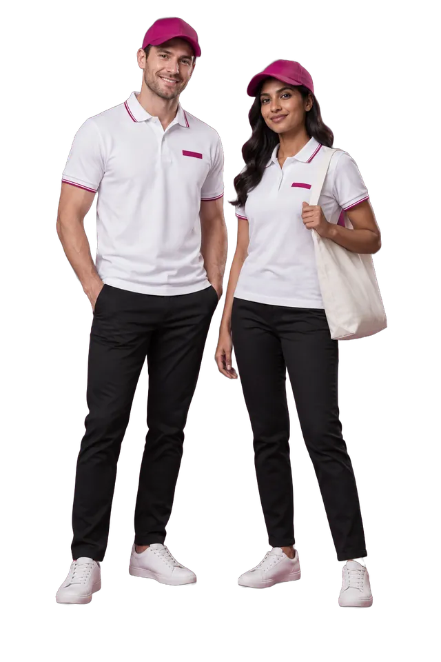 Studio photo: white polo shirts with magenta tipping and magenta caps