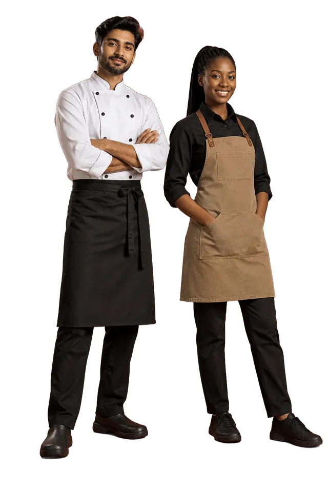 Studio photo: a white chef jacket with a black apron and a black shirt with a tan bib apron