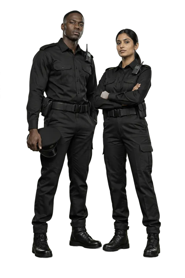Studio photo: black security shirts with epaulettes, cargo trousers and boots