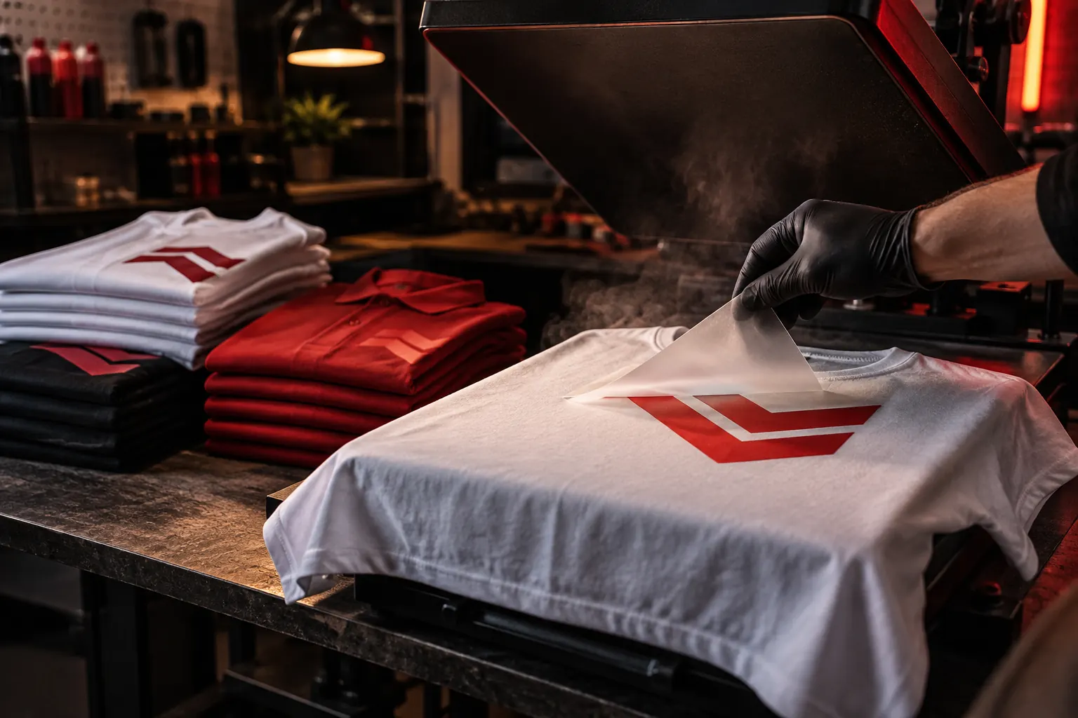 Studio photo: a heat press lifting a transfer film from a white T-shirt with a red chevron print