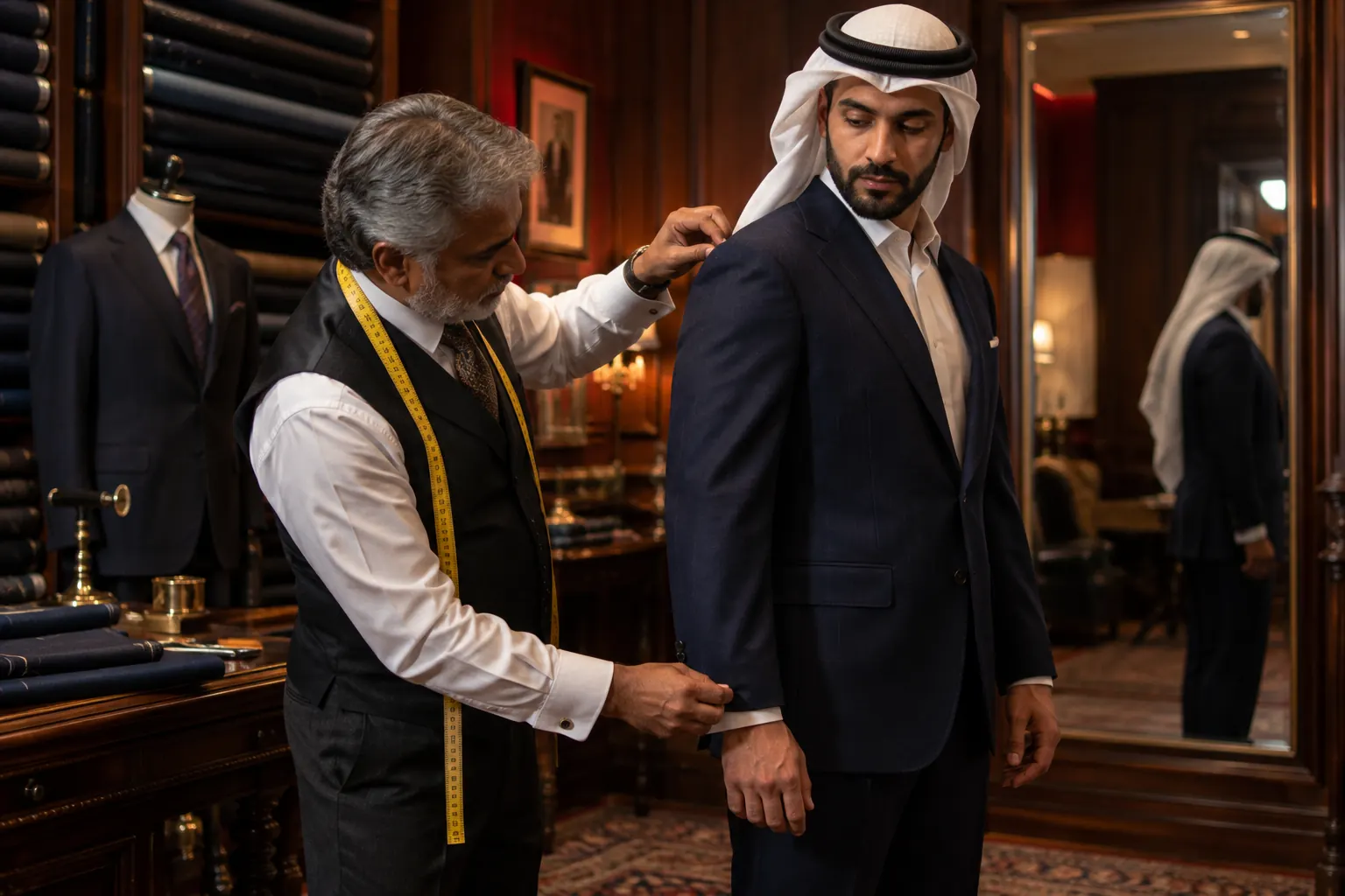 صورة استوديو: خياط يركّب بدلة كحلية على عميل في مرسم تفصيل