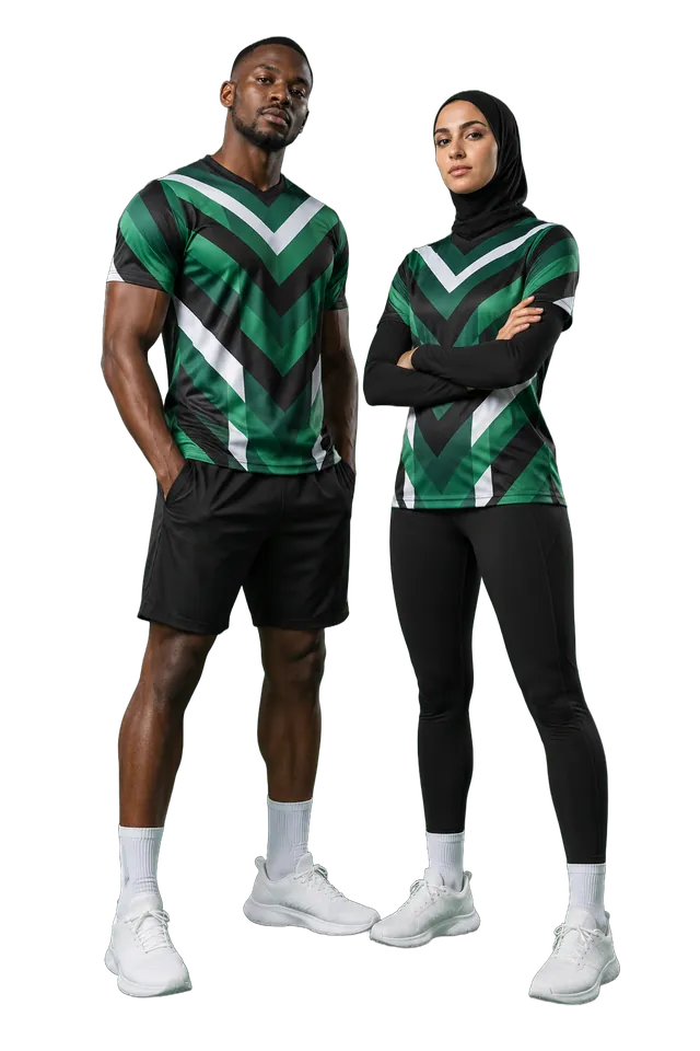 Studio photo: green, white and black team kits with a chevron pattern